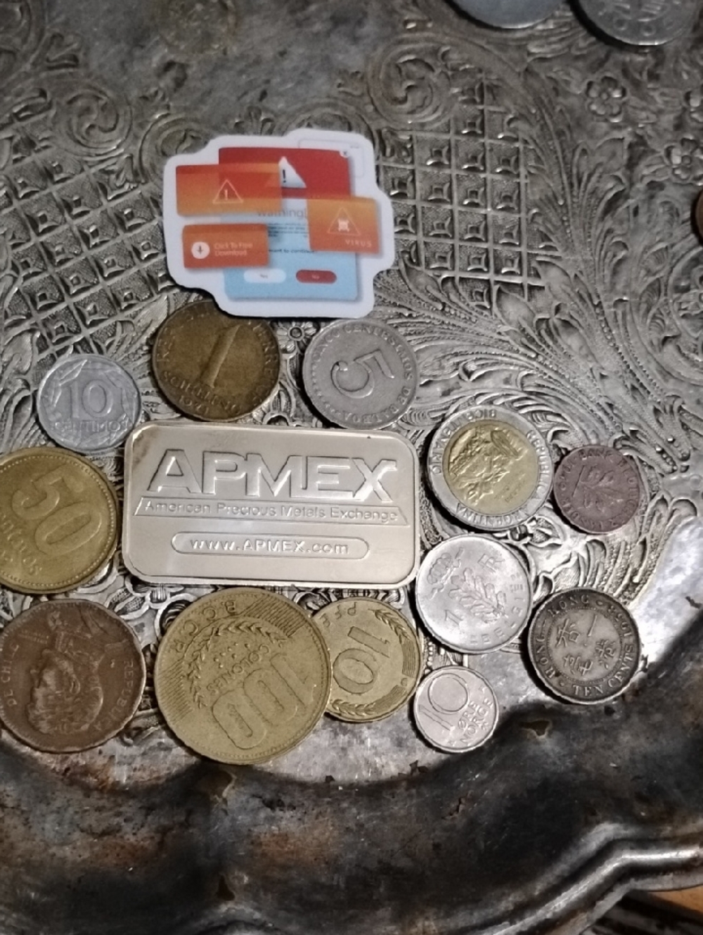 APMEX Silver Plated Bar Coin Display with Mixed World Coins